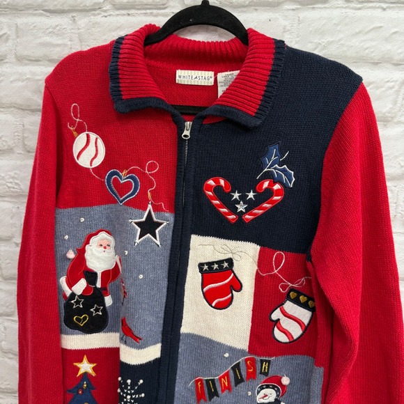White Stag Embroidered Christmas Sweater Womens Large 12/14 Red Novelty Holiday - Picture 13 of 13